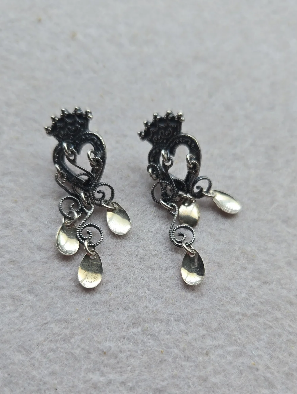 Silver 1950's Crown Heart Drop Post Earrings Norway Milagro Style